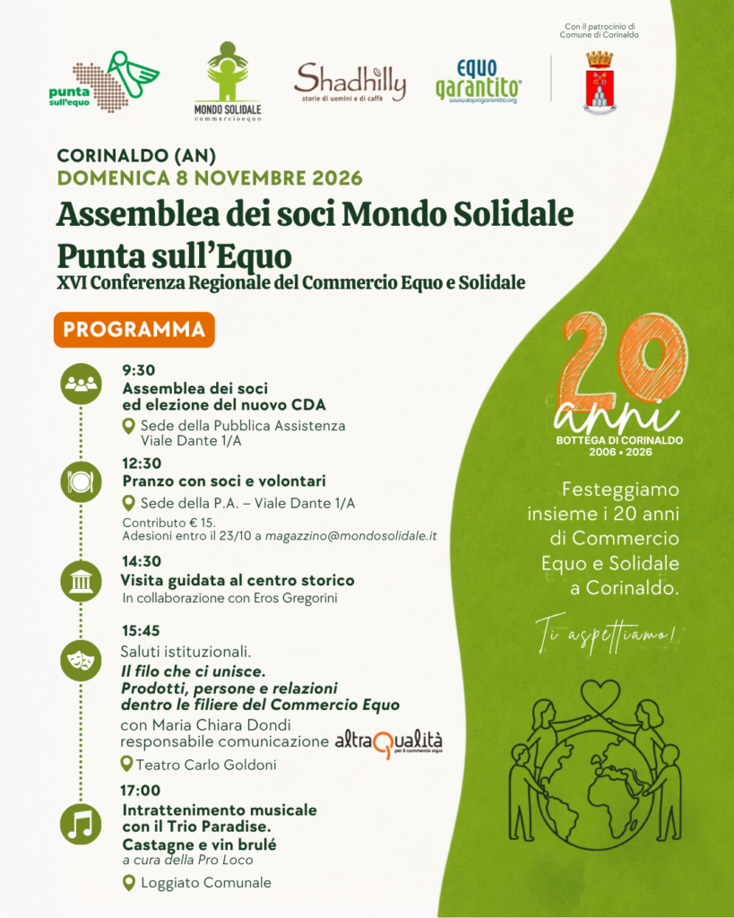 Programma della giornata assemblea soci mondo solidale e punta sull'equo 2026 a Corinaldo